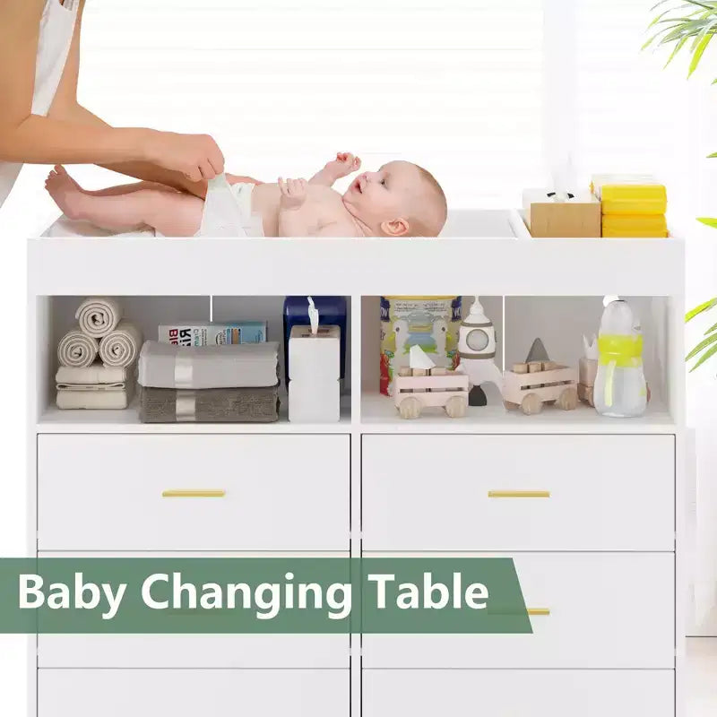 Comò per camera da letto con piano fasciatoio, cassettiera fasciatoio per bambini a 6 cassetti con ripiani aperti