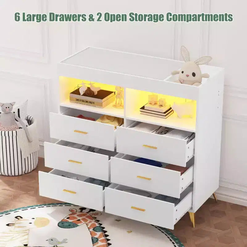 Comò per camera da letto con piano fasciatoio, cassettiera fasciatoio per bambini a 6 cassetti con ripiani aperti