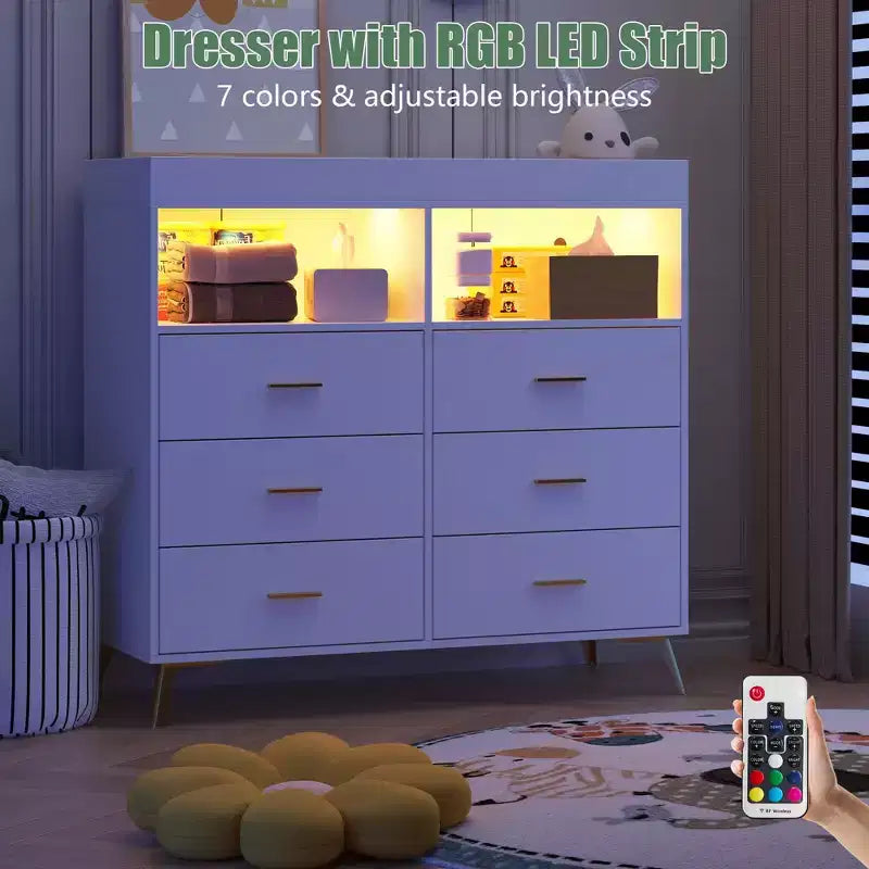Comò per camera da letto con piano fasciatoio, cassettiera fasciatoio per bambini a 6 cassetti con ripiani aperti
