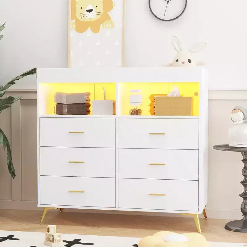Comò per camera da letto con piano fasciatoio, cassettiera fasciatoio per bambini a 6 cassetti con ripiani aperti