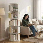 Libreria girevole a 5 ripiani JVNOXK, libreria girevole circolare a 360°, salvaspazio, compatta, a torre, bianco caldo