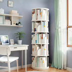 Libreria girevole a 5 ripiani JVNOXK, libreria girevole circolare a 360°, salvaspazio, compatta, a torre, bianco caldo