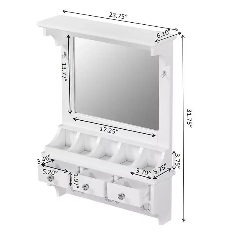 Tocador Truccabianco Fluttuante Versatile Theirn con Specchio, 3 Cassetti, 5 Tasche e 5 Ganci