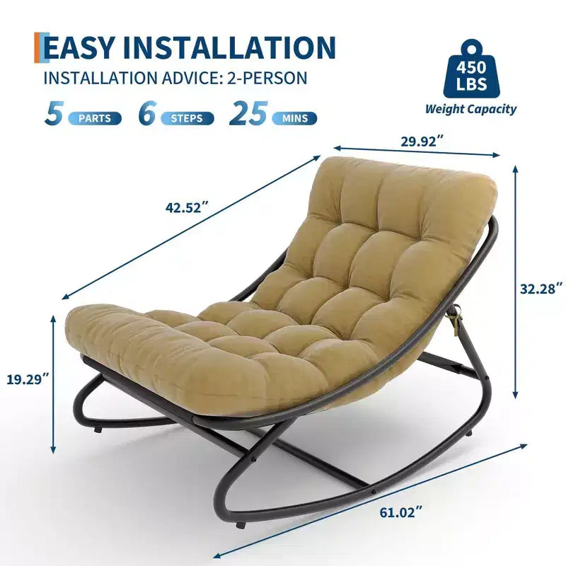 Poltrona a dondolo Papasan oversize color cuoio con capacità di 204 kg, reclinabile a uovo in ferro con rivestimento e-coat e cuscino per salotto interno/esterno (soggiorno/patio/giardino)