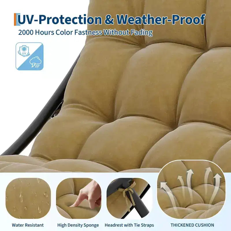 Poltrona a dondolo Papasan oversize color cuoio con capacità di 204 kg, reclinabile a uovo in ferro con rivestimento e-coat e cuscino per salotto interno/esterno (soggiorno/patio/giardino)