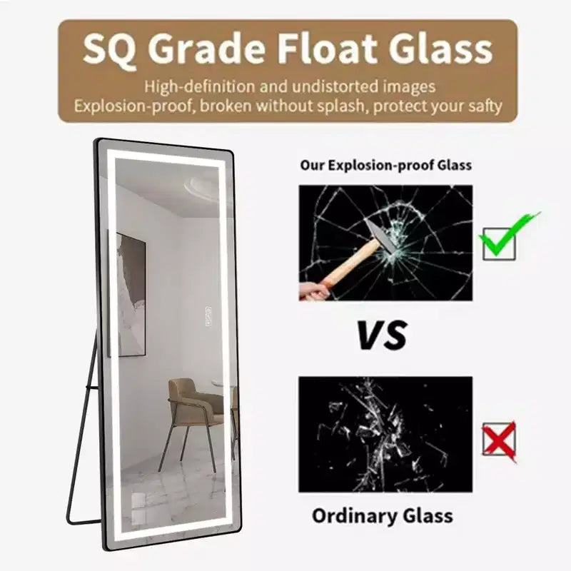 TUYOHW Specchio moderno a figura intera con LED regolabile, specchio a parete, specchio da terra con supporto, specchio per il corpo per soggiorno, nero