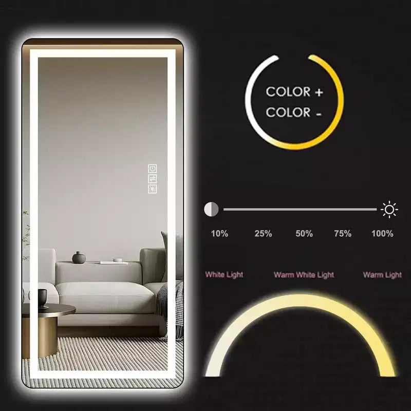 TUYOHW Specchio moderno a figura intera con LED regolabile, specchio a parete, specchio da terra con supporto, specchio per il corpo per soggiorno, nero
