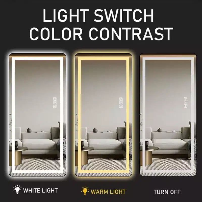 TUYOHW Specchio moderno a figura intera con LED regolabile, specchio a parete, specchio da terra con supporto, specchio per il corpo per soggiorno, nero