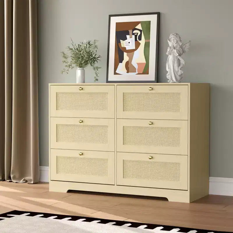 Cassettiera Boho Moderna a 6 Cassetti con Gambe in Legno Massello, Cassettone Lungo per Camera da Letto e Soggiorno