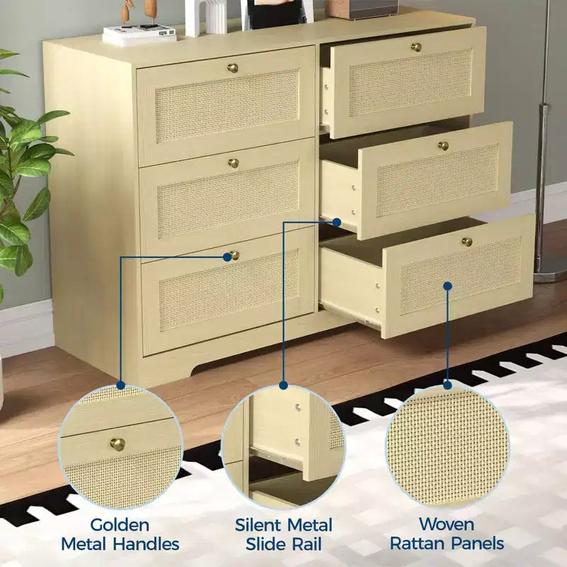 Cassettiera Boho Moderna a 6 Cassetti con Gambe in Legno Massello, Cassettone Lungo per Camera da Letto e Soggiorno
