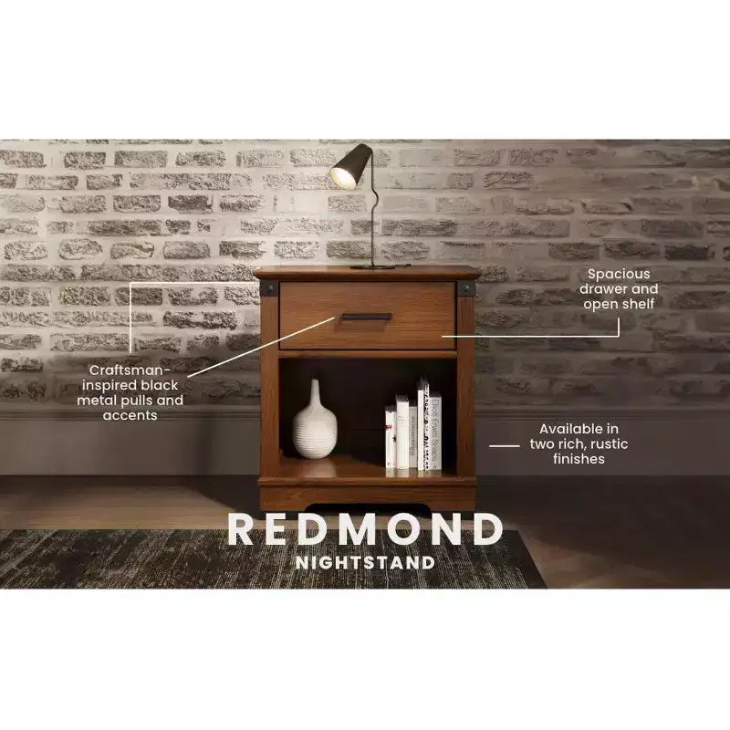Comodino Redmond a 1 cassetto per cameretta o camera da letto, cassetto portaoggetti capiente, realizzato in robusto legno di pino, finitura atossica e sicura per i bambini