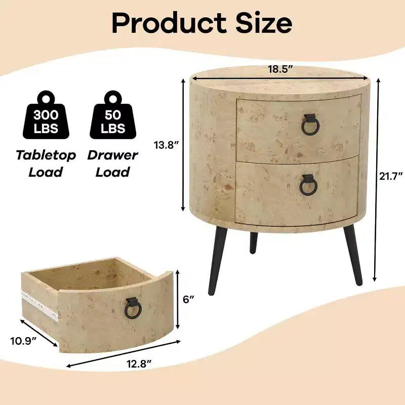 Tavolino Rotondo con Cassetti, Comodino Moderno con Spazio Contenitore, Tavolino d'Appoggio in Legno, Tavolino da Notte Circolare con Gambe in Metallo per Soggiorno, Camera da Letto