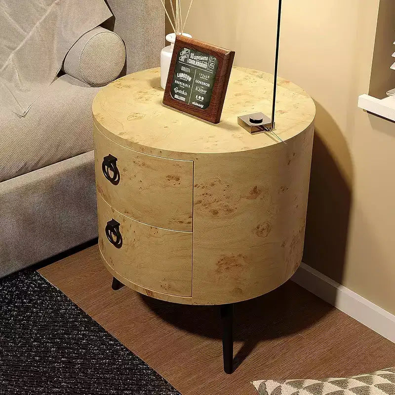 Tavolino Rotondo con Cassetti, Comodino Moderno con Spazio Contenitore, Tavolino d'Appoggio in Legno, Tavolino da Notte Circolare con Gambe in Metallo per Soggiorno, Camera da Letto