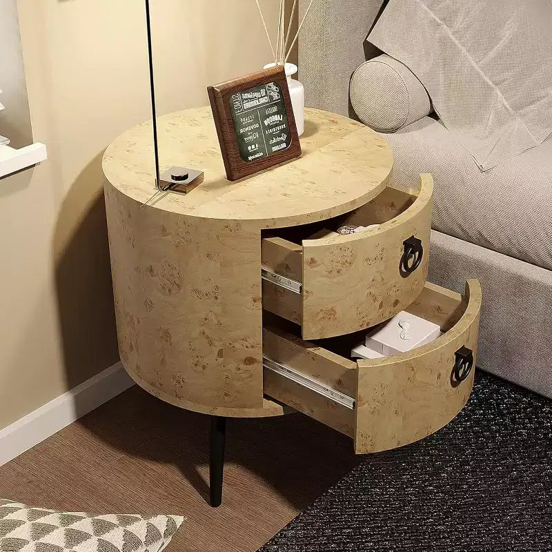 Tavolino Rotondo con Cassetti, Comodino Moderno con Spazio Contenitore, Tavolino d'Appoggio in Legno, Tavolino da Notte Circolare con Gambe in Metallo per Soggiorno, Camera da Letto