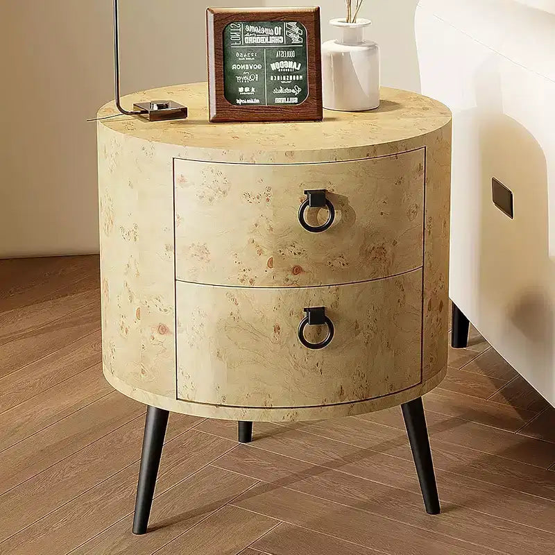 Tavolino Rotondo con Cassetti, Comodino Moderno con Spazio Contenitore, Tavolino d'Appoggio in Legno, Tavolino da Notte Circolare con Gambe in Metallo per Soggiorno, Camera da Letto