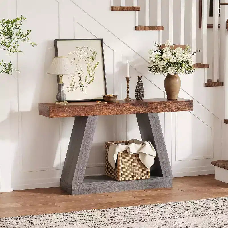 Console da Ingresso con Ripiano Aperto, Tavolino da Divano a 2 Livelli in Legno per Ingresso, Corridoio e Soggiorno - Mobile d'Arredo con Design a Trapezio