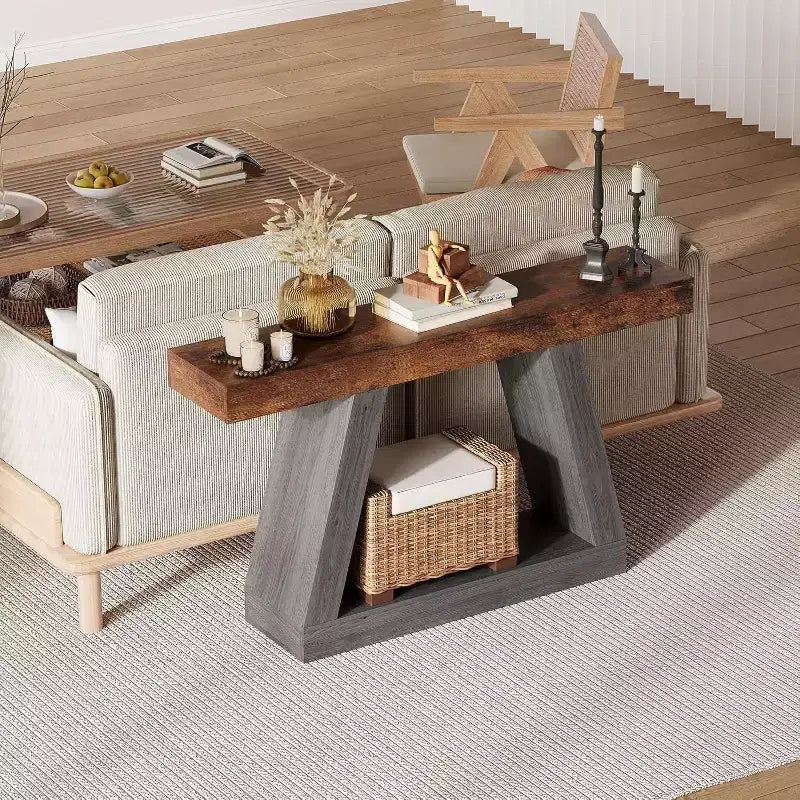 Console da Ingresso con Ripiano Aperto, Tavolino da Divano a 2 Livelli in Legno per Ingresso, Corridoio e Soggiorno - Mobile d'Arredo con Design a Trapezio
