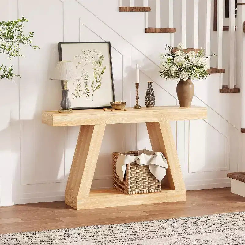Console da Ingresso con Ripiano Aperto, Tavolino da Divano a 2 Livelli in Legno per Ingresso, Corridoio e Soggiorno - Mobile d'Arredo con Design a Trapezio