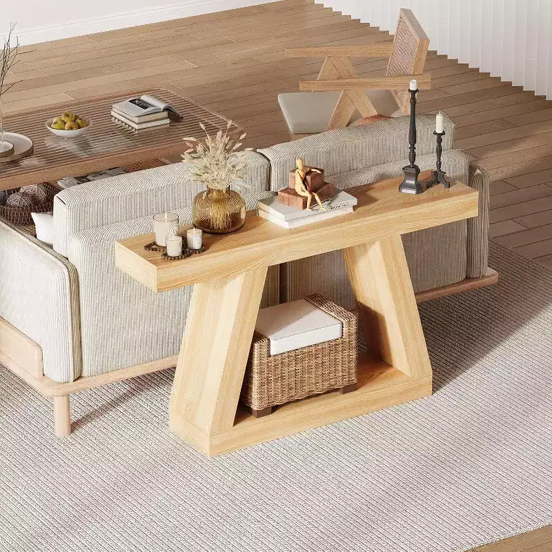 Console da Ingresso con Ripiano Aperto, Tavolino da Divano a 2 Livelli in Legno per Ingresso, Corridoio e Soggiorno - Mobile d'Arredo con Design a Trapezio