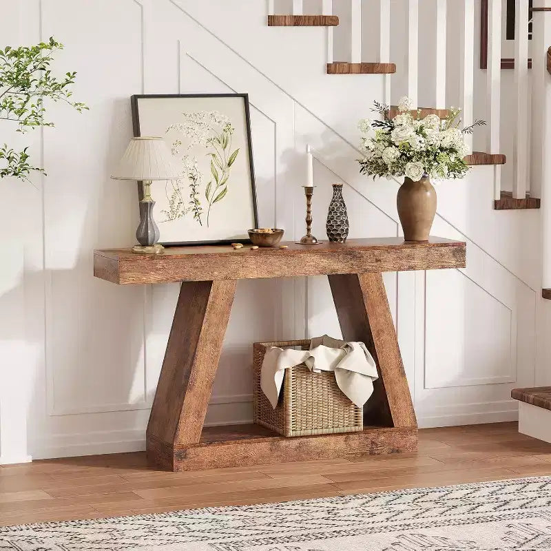 Console da Ingresso con Ripiano Aperto, Tavolino da Divano a 2 Livelli in Legno per Ingresso, Corridoio e Soggiorno - Mobile d'Arredo con Design a Trapezio