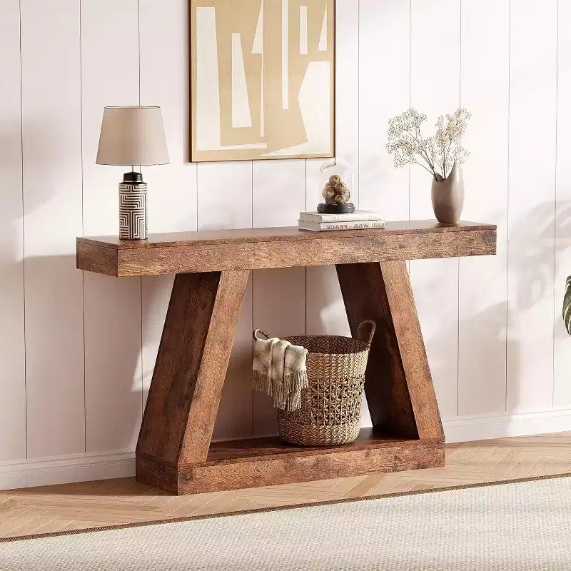 Console da Ingresso con Ripiano Aperto, Tavolino da Divano a 2 Livelli in Legno per Ingresso, Corridoio e Soggiorno - Mobile d'Arredo con Design a Trapezio