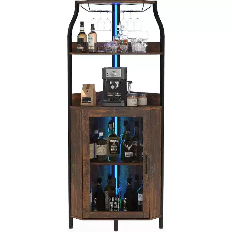 Mobile bar angolare da 68 pollici, cantinetta industriale a 5 livelli, con portabicchieri e portabottiglie per piccoli spazi, 12 colori, anta in vetro temperato per cucina, soggiorno