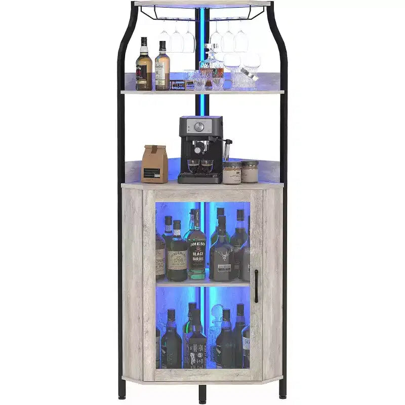 Mobile bar angolare da 68 pollici, cantinetta industriale a 5 livelli, con portabicchieri e portabottiglie per piccoli spazi, 12 colori, anta in vetro temperato per cucina, soggiorno