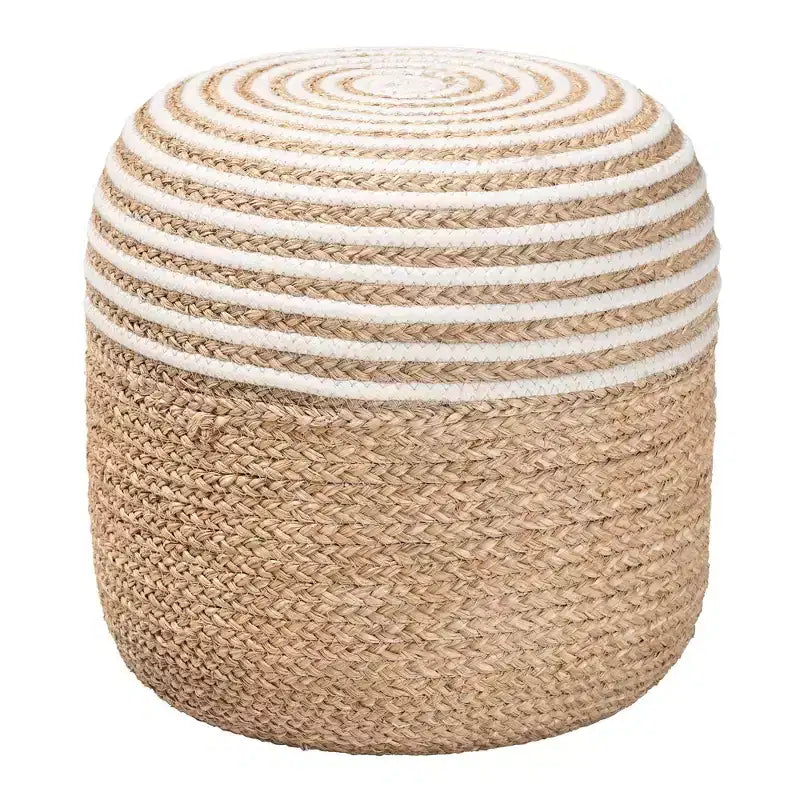 Pouf Ottomano in Erba Marina e Corda Intrecciata Bianco/Marrone Naturale: Rivestimento in Cotone, Nessun Montaggio Richiesto