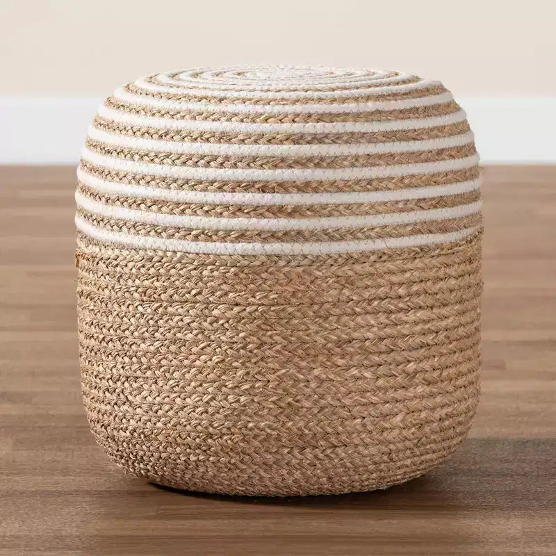 Pouf Ottomano in Erba Marina e Corda Intrecciata Bianco/Marrone Naturale: Rivestimento in Cotone, Nessun Montaggio Richiesto