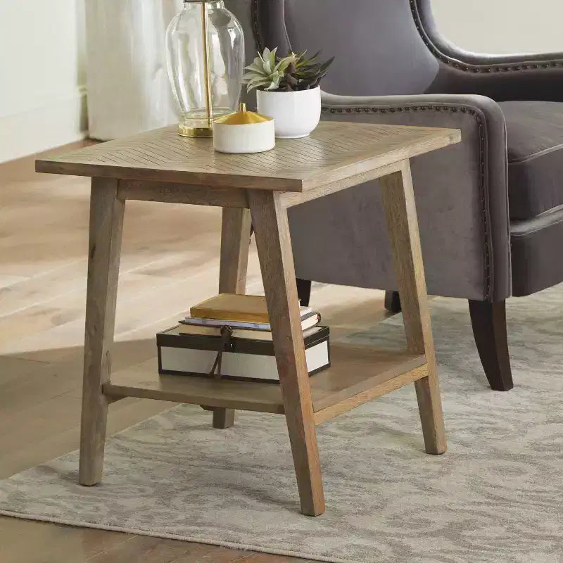 Tavolino Quadrato Naturale: Legno di Mango, Stile Moderno di Metà Secolo, Ripiano Contenitore