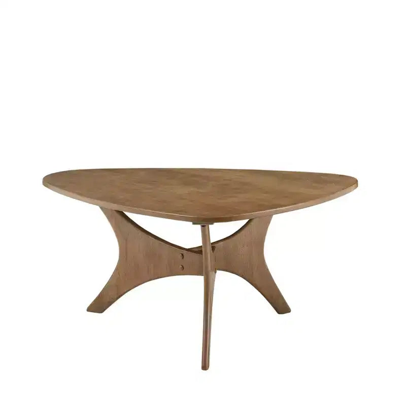 Tavolino da Caffè Triangolare in Legno Marrone Chiaro: Moderno Metà Secolo, Finitura Olmo, Base Unica a Croce