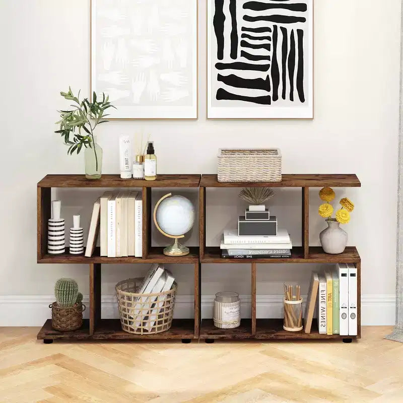 2 PZ Libreria a 2 Ripiani Indipendente in Legno Espositore a Forma di S Scaffale Contenitore Nero/Marrone