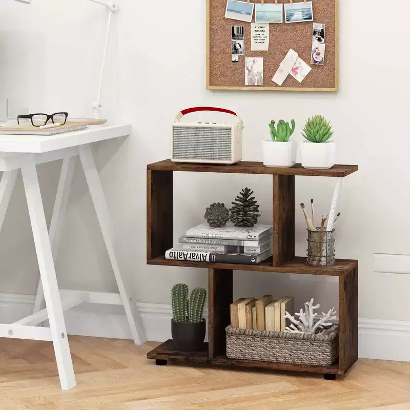 2 PZ Libreria a 2 Ripiani Indipendente in Legno Espositore a Forma di S Scaffale Contenitore Nero/Marrone