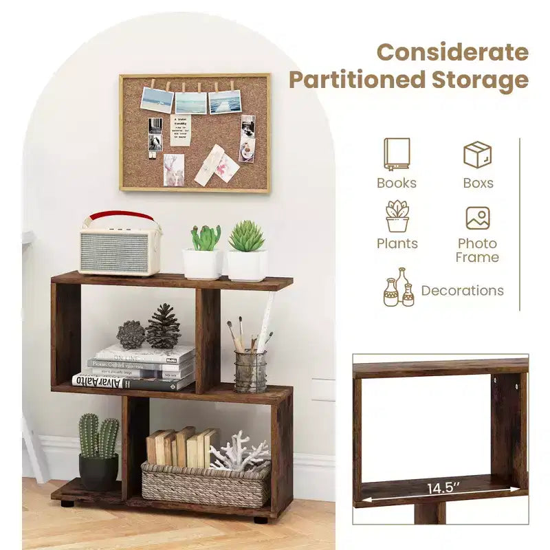 2 PZ Libreria a 2 Ripiani Indipendente in Legno Espositore a Forma di S Scaffale Contenitore Nero/Marrone