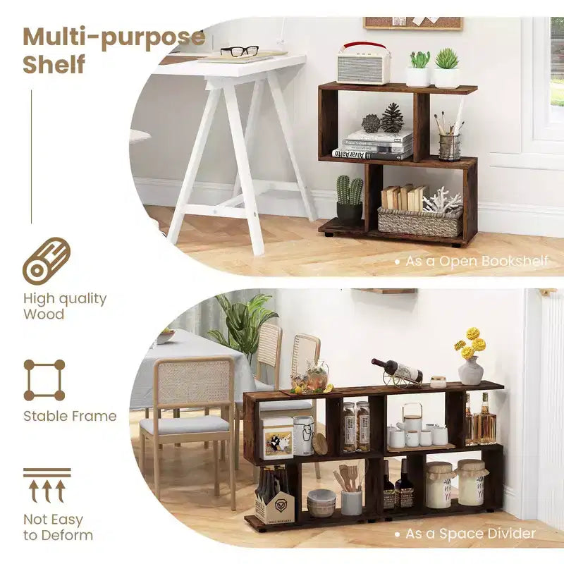 2 PZ Libreria a 2 Ripiani Indipendente in Legno Espositore a Forma di S Scaffale Contenitore Nero/Marrone