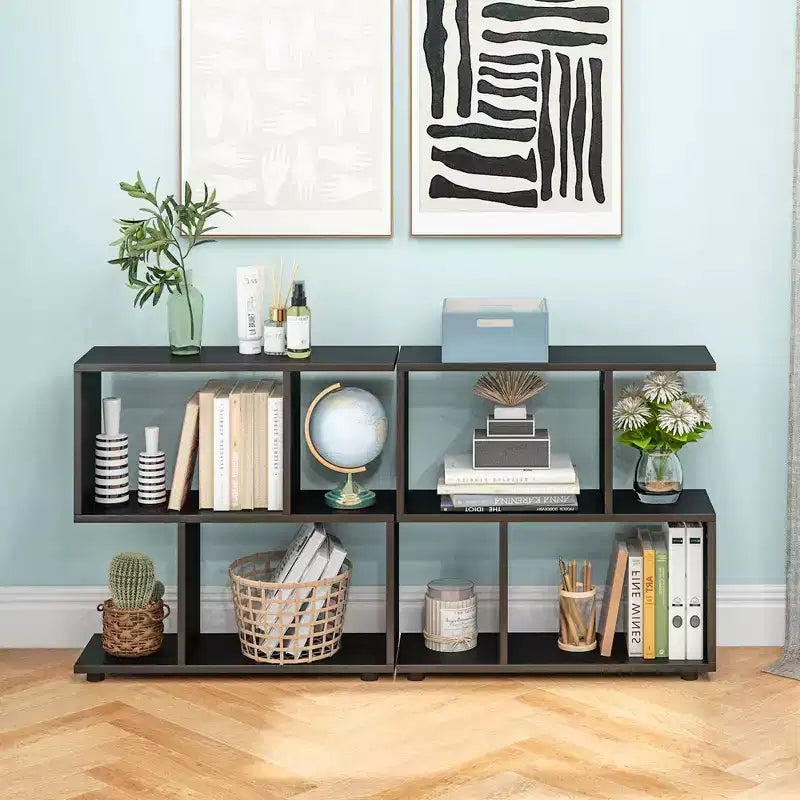 2 PZ Libreria a 2 Ripiani Indipendente in Legno Espositore a Forma di S Scaffale Contenitore Nero/Marrone