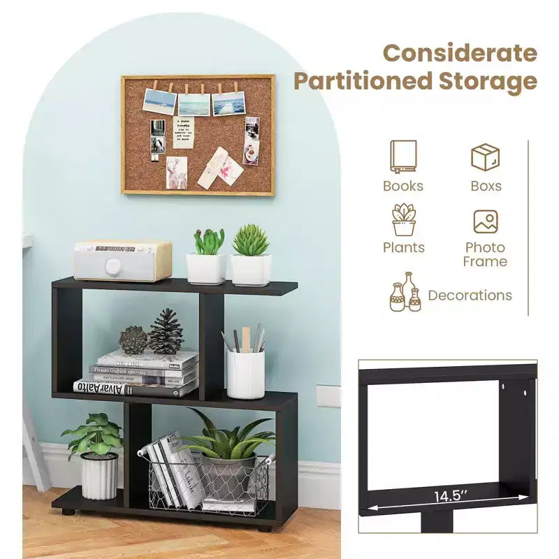 2 PZ Libreria a 2 Ripiani Indipendente in Legno Espositore a Forma di S Scaffale Contenitore Nero/Marrone