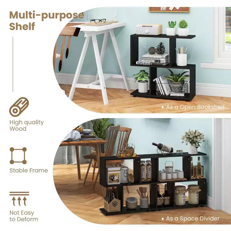2 PZ Libreria a 2 Ripiani Indipendente in Legno Espositore a Forma di S Scaffale Contenitore Nero/Marrone