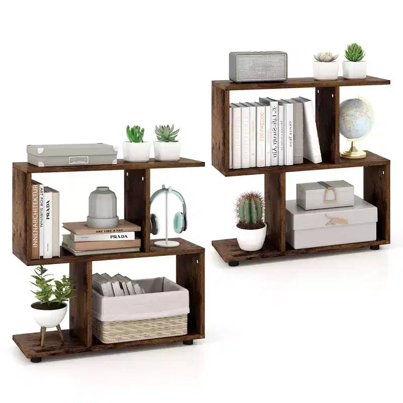 2 PZ Libreria a 2 Ripiani Indipendente in Legno Espositore a Forma di S Scaffale Contenitore Nero/Marrone
