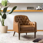 Justo 28.5 Wide Tufted Genuine Leather Wood Legs Accent Barrel Chair for Living Room with solid wood legs| ART OF LIVING DESIGNS