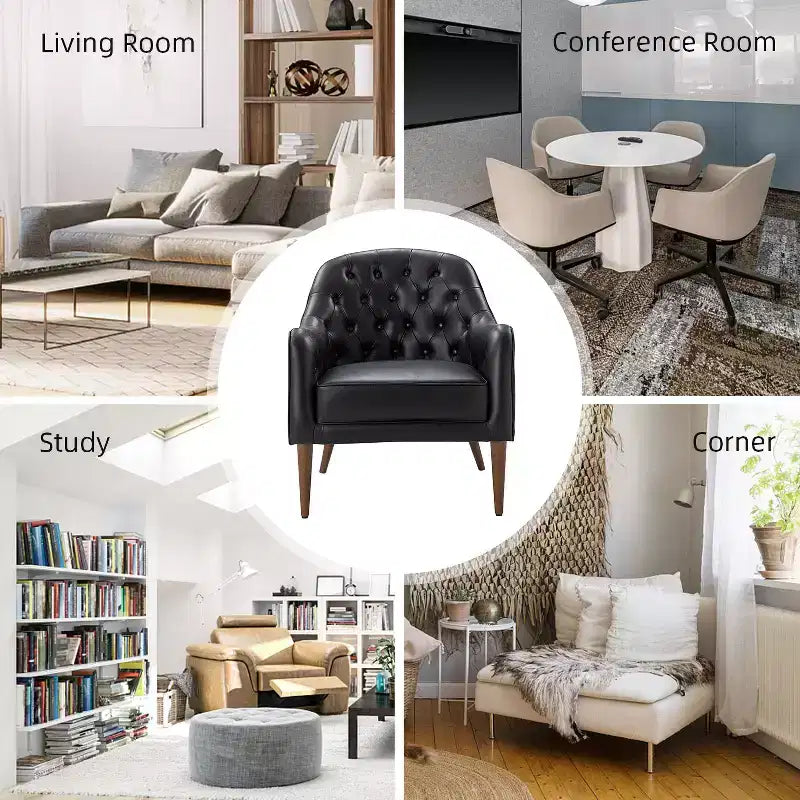 Poltrona a botte per soggiorno Justo 28.5 Wide Tufted in vera pelle con gambe in legno massello| ART OF LIVING DESIGNS
