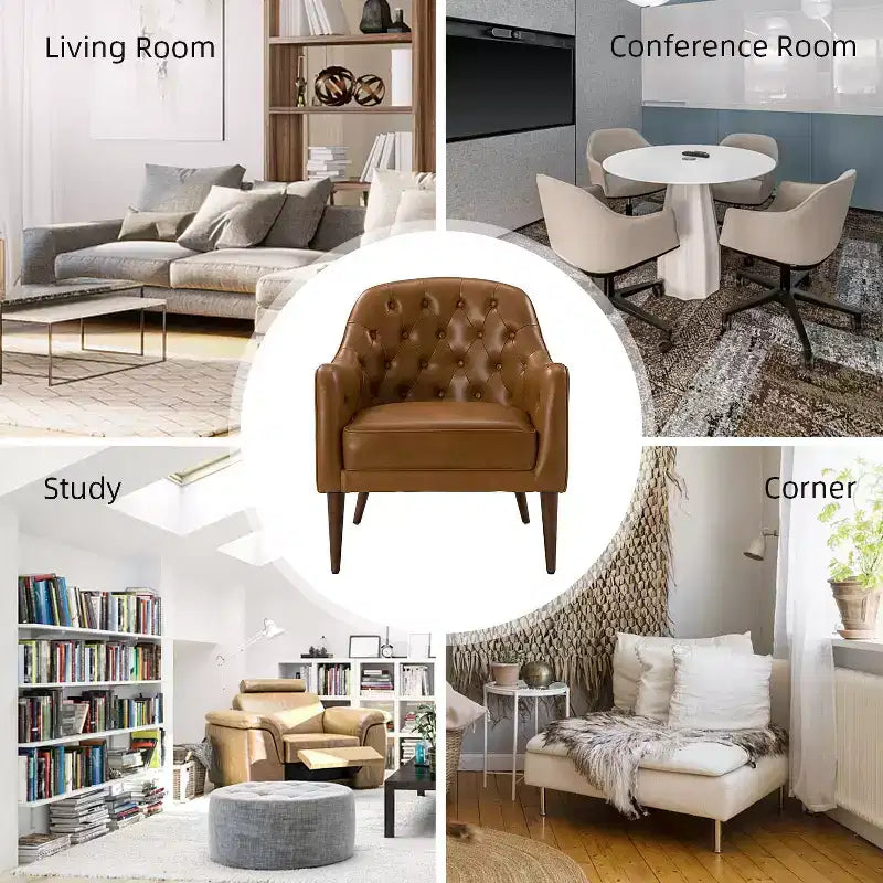 Poltrona a botte per soggiorno Justo 28.5 Wide Tufted in vera pelle con gambe in legno massello| ART OF LIVING DESIGNS