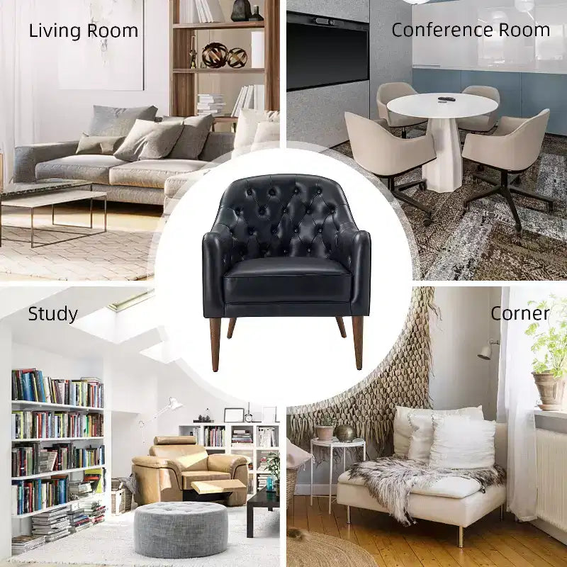 Poltrona a botte per soggiorno Justo 28.5 Wide Tufted in vera pelle con gambe in legno massello| ART OF LIVING DESIGNS